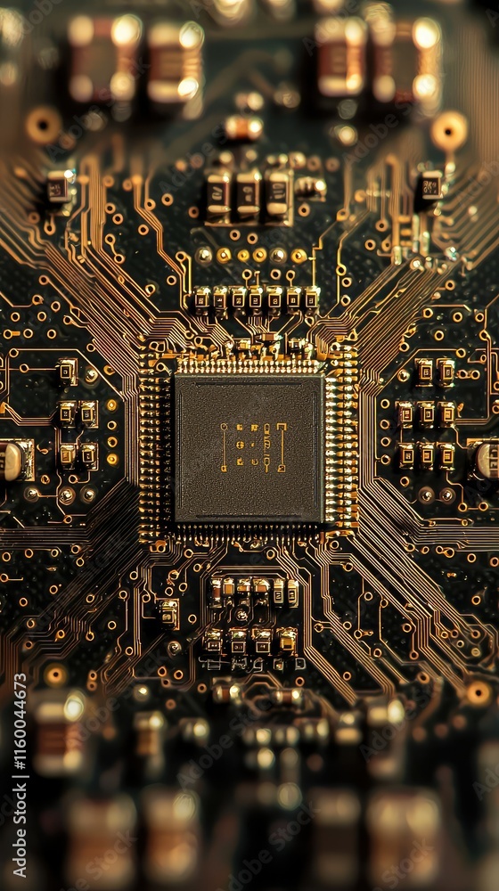 Poster detailed close-up of microchip on a circuit board with microelectronics