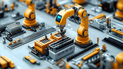 Fototapeta premium A robotic arm assembling components on a manufacturing floor, showcasing automation technology.