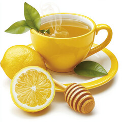Aromatic honey lemon tea with steam and fresh garnish isolated design on white background