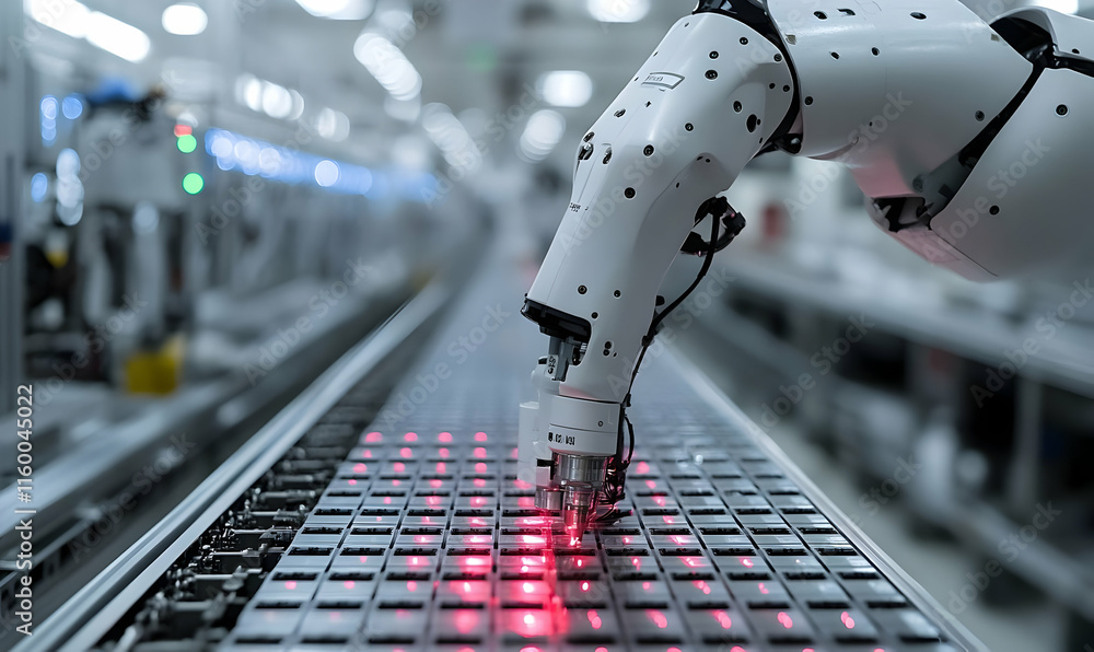 Poster a robotic arm assembling components on a production line with illuminated indicators.