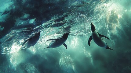 Obraz premium Three penguins swimming underwater.