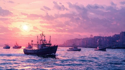 Obraz premium Serene Sunset Over Fishing Boats on Calm Ocean Waters