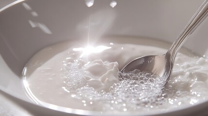 Creamy white liquid with bubbles in a bowl, a spoon stirs it. Ideal for ads of milk, yogurt, or cleaning products; evokes purity and freshness.