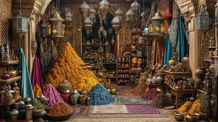 Fototapeta premium A vibrant marketplace filled with colorful spices and traditional decor.