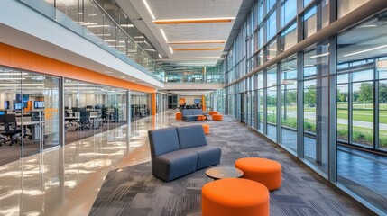 Modern office interior with open floor plan, glass walls, and comfortable seating areas.