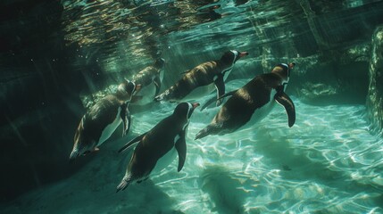 Obraz premium Underwater group of penguins swimming gracefully.