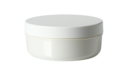 A simple, round white container with a lid, often used for storing creams or cosmetics.
