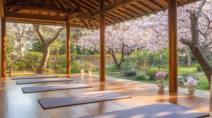 A serene yoga retreat in a peaceful garden pavilion, Yoga mats arranged under blossoming cherry trees, Blossom yoga style