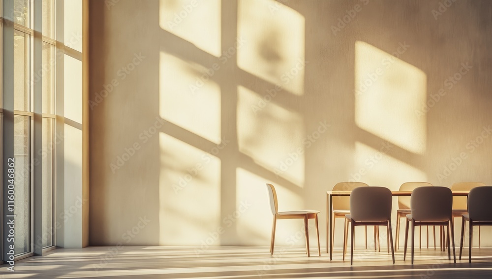 Poster Sunlight streams through large window illuminating empty modern dining area.