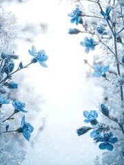 Beautiful Frosty Blue Flowers Framed by Ice Crystal Borders Creating a Serene Winter Wonderland Atmosphere Perfect for Christmas or Holiday-Themed Designs