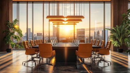 Fototapeta premium Modern boardroom with city sunrise view.