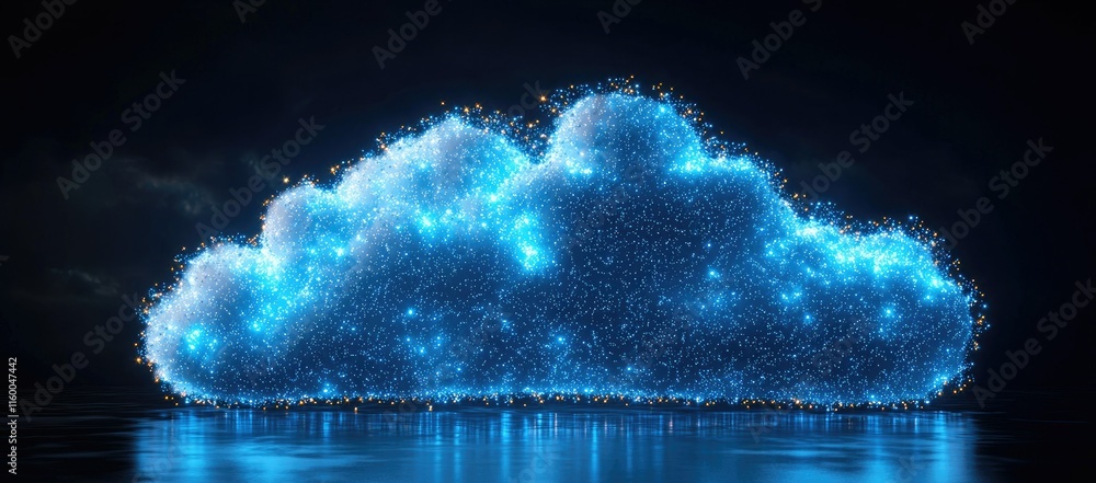 Poster a glowing digital cloud representation with sparkling lights on a reflective surface.