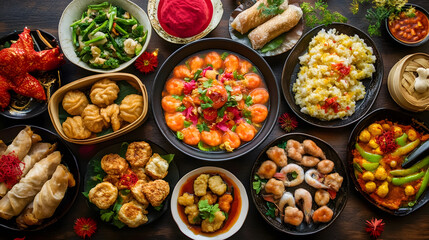 Fototapeta premium Vibrant and Flavorful Chinese Cuisine Platter Perfect for Celebratory Gatherings and Feasts : Generative AI