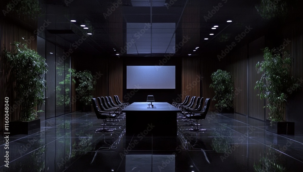 Poster dark, modern boardroom with empty chairs and large screen.