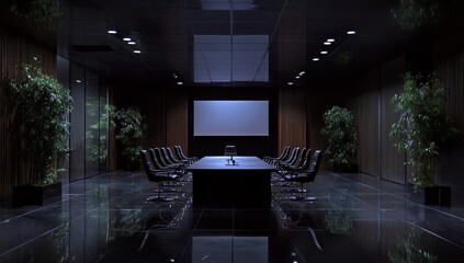 Dark, modern boardroom with empty chairs and large screen.