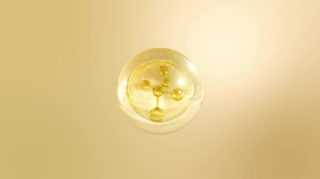 Cosmetic liquid ball with an alpha channel. Oil droplets, serum bubbles, vitamin C, cosmetic essence, water bubble, gel bubble, and molecule within a liquid bubble on a water background. 