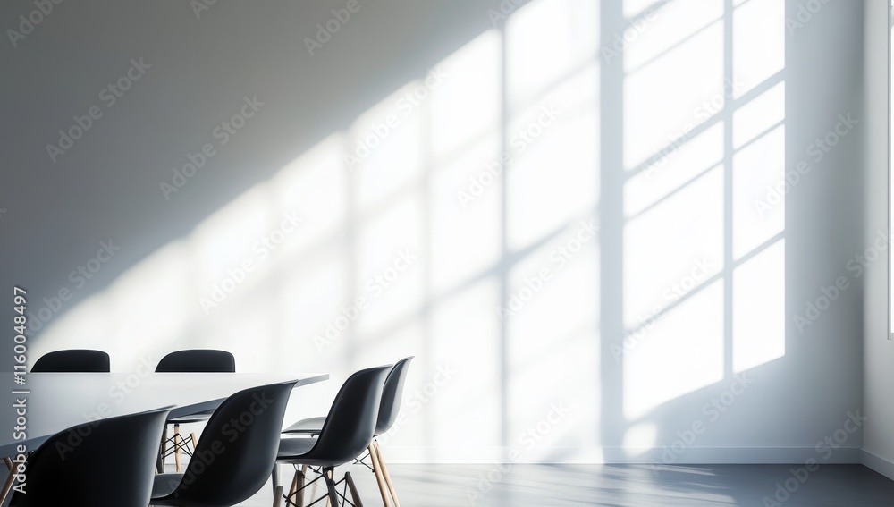 Poster sunlight streams into a minimalist room with a white table and black chairs.
