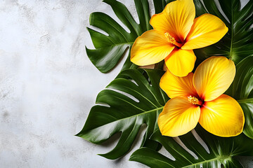 Obraz premium Vibrant Yellow Hibiscus Flowers on Lush Green Monstera Leaves Background : Generative AI