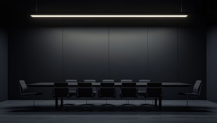 Dark modern conference room with long table and chairs. (3)