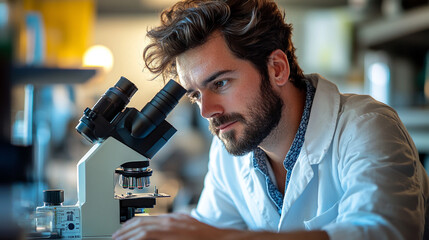 A close-up of a microscope with a data analysis interface visible through the lens, representing the search for hidden insights in metrics and business intelligence.
