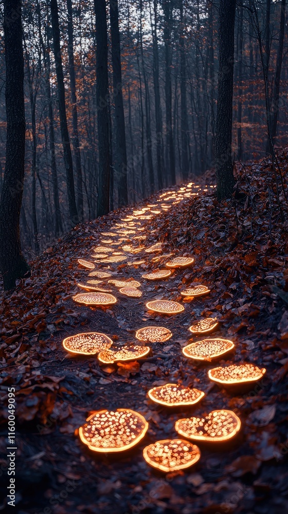 Poster a glowing path through a forest, illuminated by circular light formations on the ground.