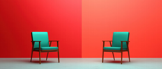 Obraz premium Business corporation competition. Two vintage chairs against a vibrant red wall create a striking visual contrast.