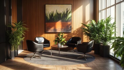 Fototapeta premium Modern office lounge with wood paneling, plants, and leather chairs.