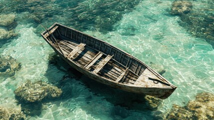 Obraz premium Old wooden boat in shallow turquoise water.