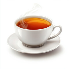 Steaming tea cup on saucer, warm and inviting isolated design on white background