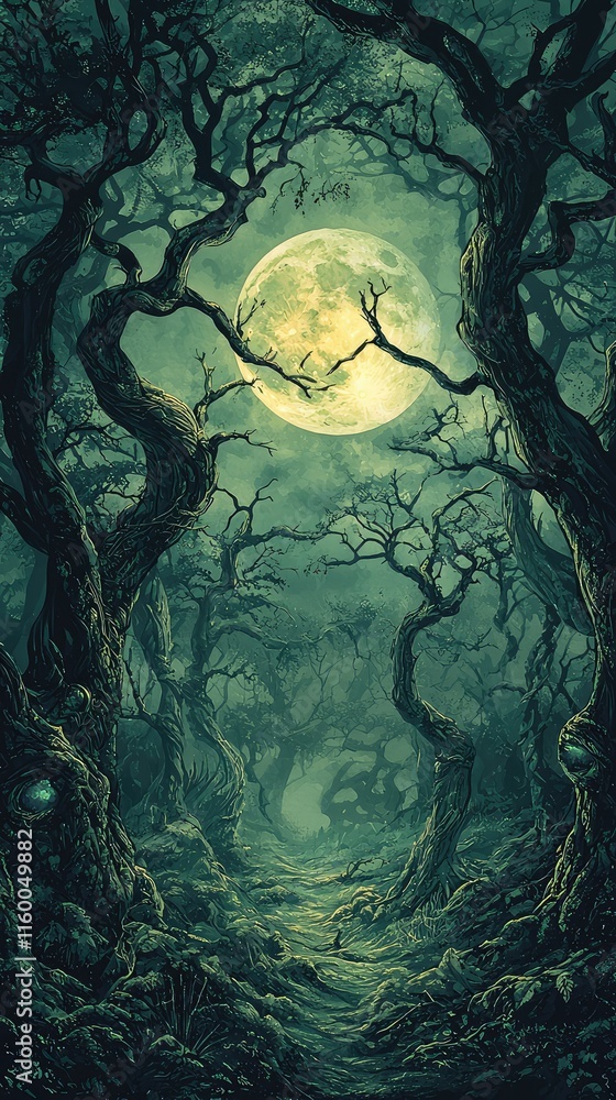 Poster moonlit enchanted forest with twisting trees and ethereal glow