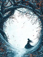 Enchanted Scene of a Dryad Embracing a Winter Wonderland with a Framed Border and Ornate Trees Dusting of Snowflakes in the Air