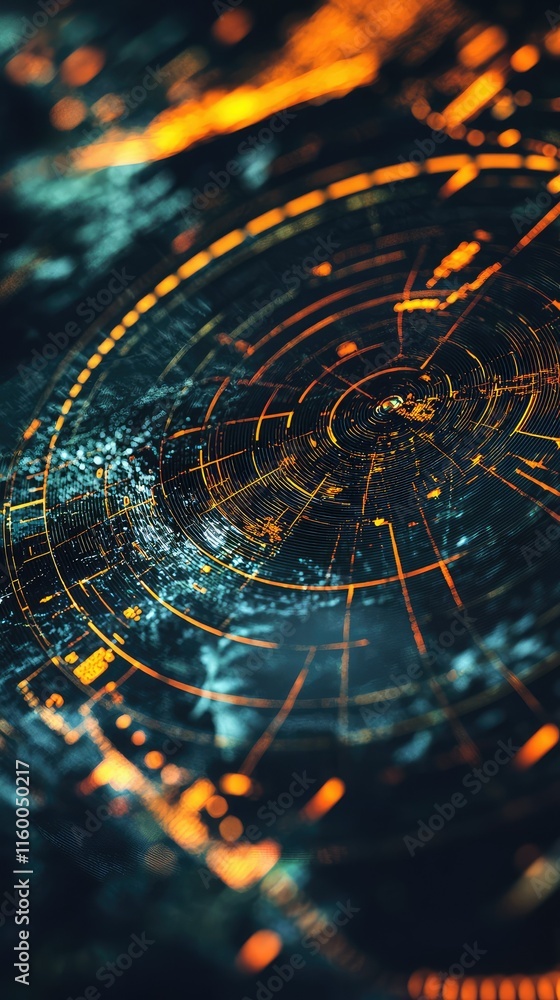 Poster abstract digital design with circles and orange lines on dark background