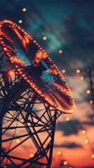 Vibrant Satellite Dish Against Dramatic Sunset Sky and Lights