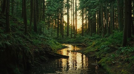 Sunset illuminating a creek in a lush, green forest.