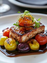 Gourmet Grilled Fish Fillet Topped with Roasted Cherry Tomatoes and Fresh Sprouts : Generative AI