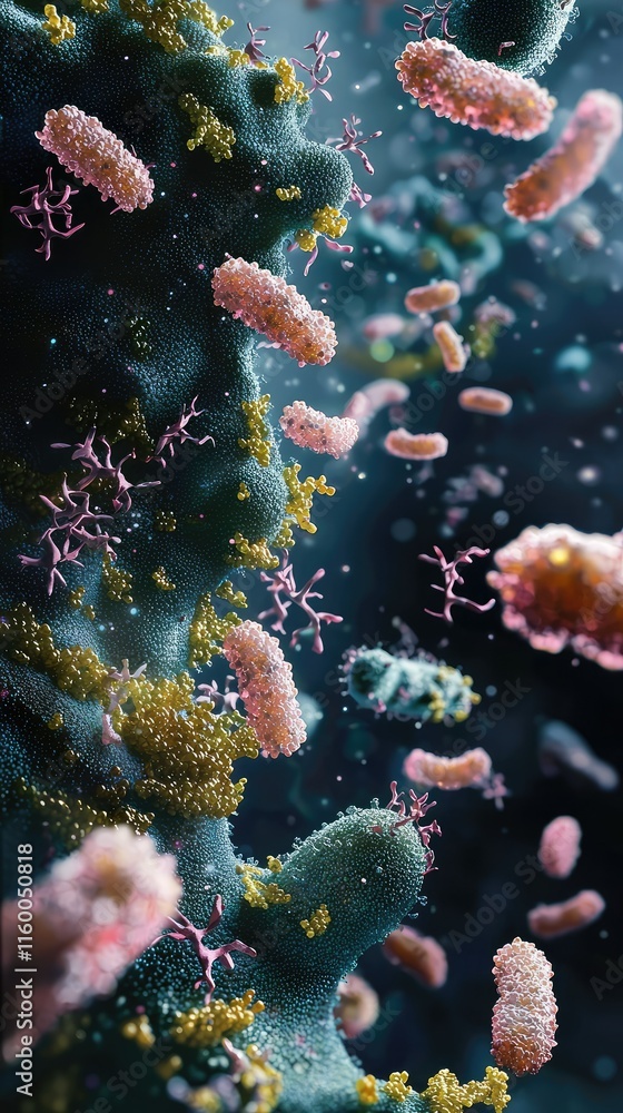Poster microscopic view of colorful bacteria and microorganisms in nature