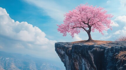 A magnificent and beautiful cherry blossom tree standing alone, which grows on a high and beautiful cliff