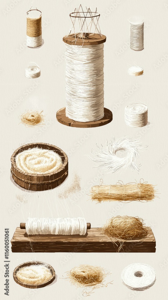Poster background with spools of thread and natural fibers on light surface