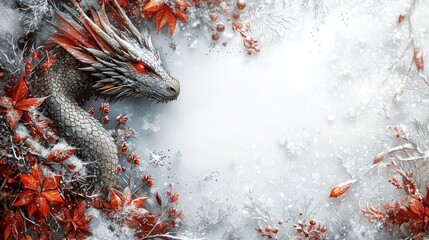 Enchanting Dragon Surrounded by Red Leaves and Snowflakes, Capturing the Spirit of Winter and Holiday Magic in a Beautiful Frame Design