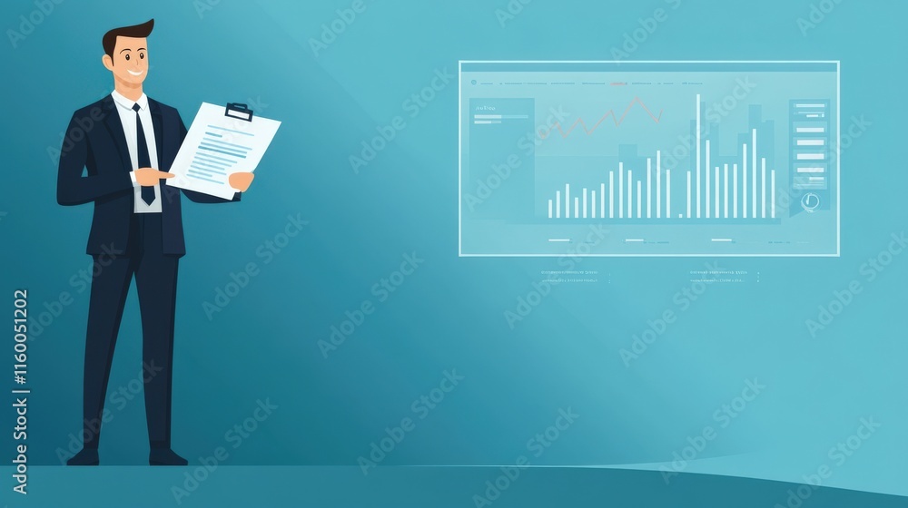 Poster businessman holding report with chart in background, professional office environment reflecting data
