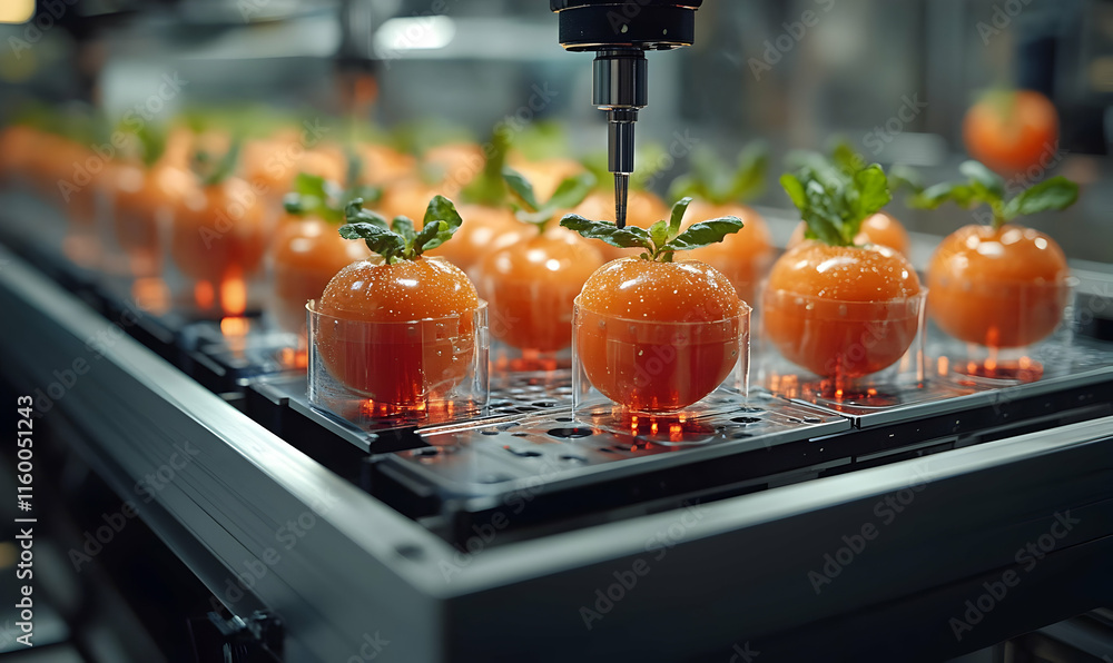 Poster automated production line with orange tomatoes in clear containers.