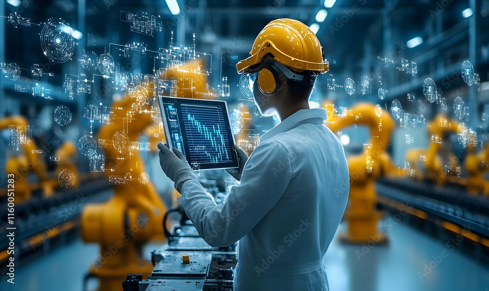 Poster a technician monitors robotic systems in an industrial setting using a tablet.