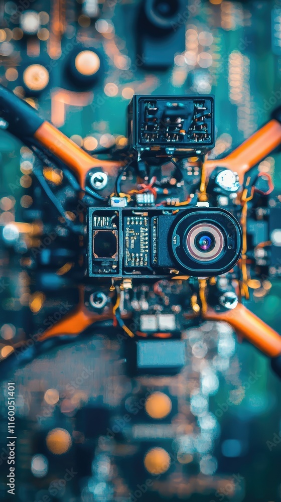Poster detailed close-up of high-tech drone camera with circuit board background