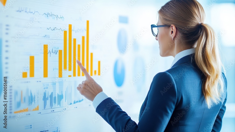 Aufkleber businesswoman analyzing data with graphs and charts on digital screen in modern office environment d