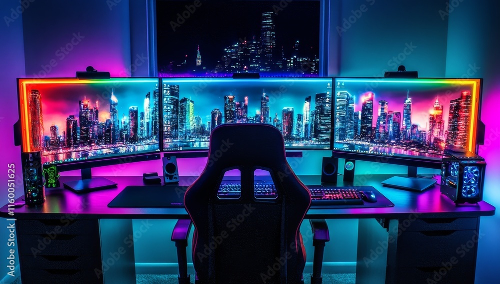 Poster vibrant rgb gaming setup with triple monitors displaying a cityscape at night.