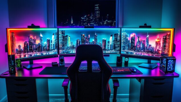 Vibrant RGB gaming setup with triple monitors displaying a cityscape at night. - Powered by Adobe