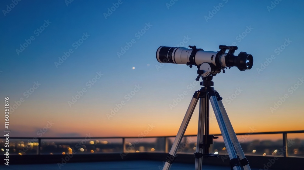 Poster a sophisticated telescope setup on a quiet rooftop terrace, telescope and astronomy tools precisely 
