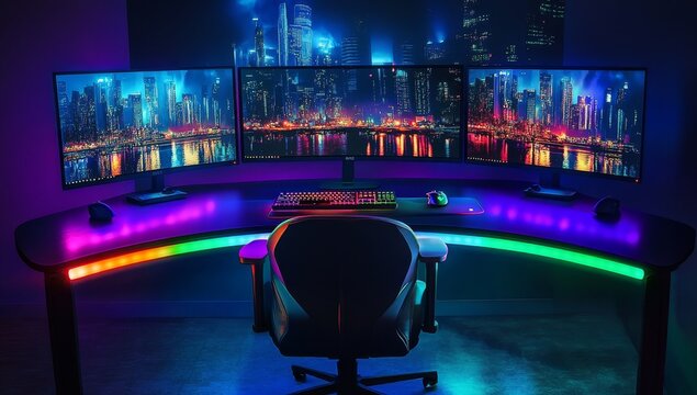Night cityscape view on triple monitor gaming setup.