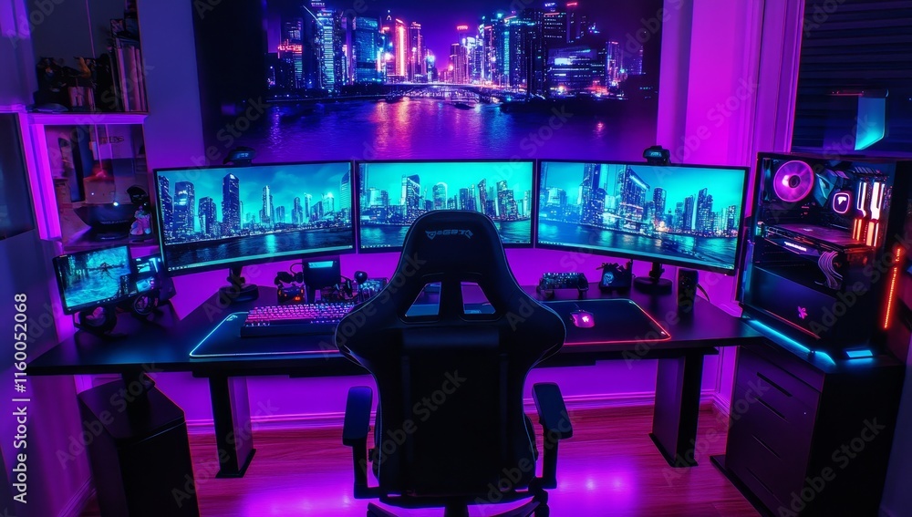 Poster vibrant purple and blue illuminated gaming setup with triple monitor display and city backdrop.