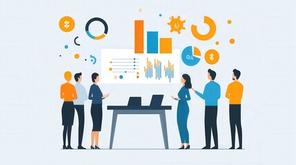 Team Collaboration on Business Analytics Presentation with Colorful Data Visualizations and Charts for Effective Decision Making in Modern Office Environment
